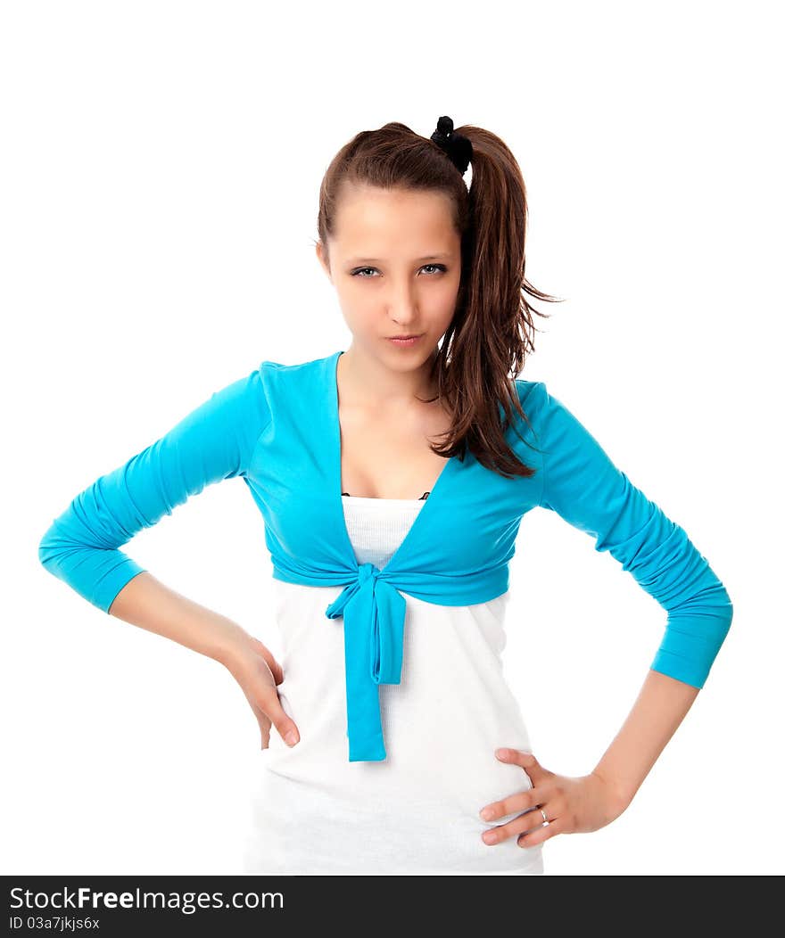 Serious young girl isolated on a white background