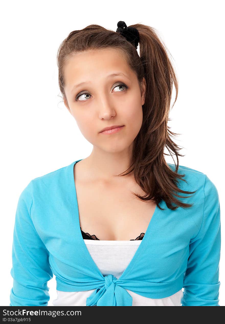 Young Woman Looking At The Corner Of The Image