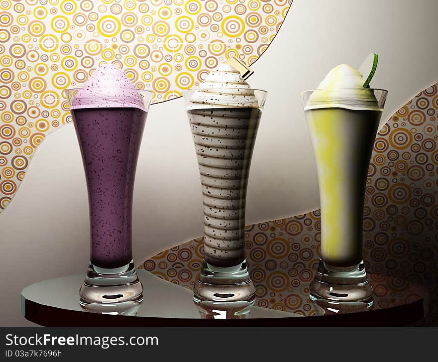 There are three different kinds of ice-cream on the glass table. There are three different kinds of ice-cream on the glass table