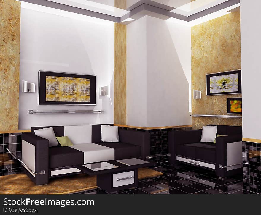 This is an interior of a room with the sofas, pictures and the table