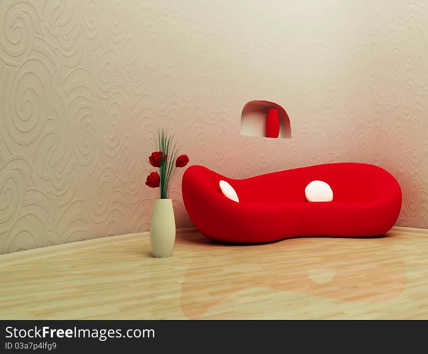 This is a modern interior with a red sofa and a vase