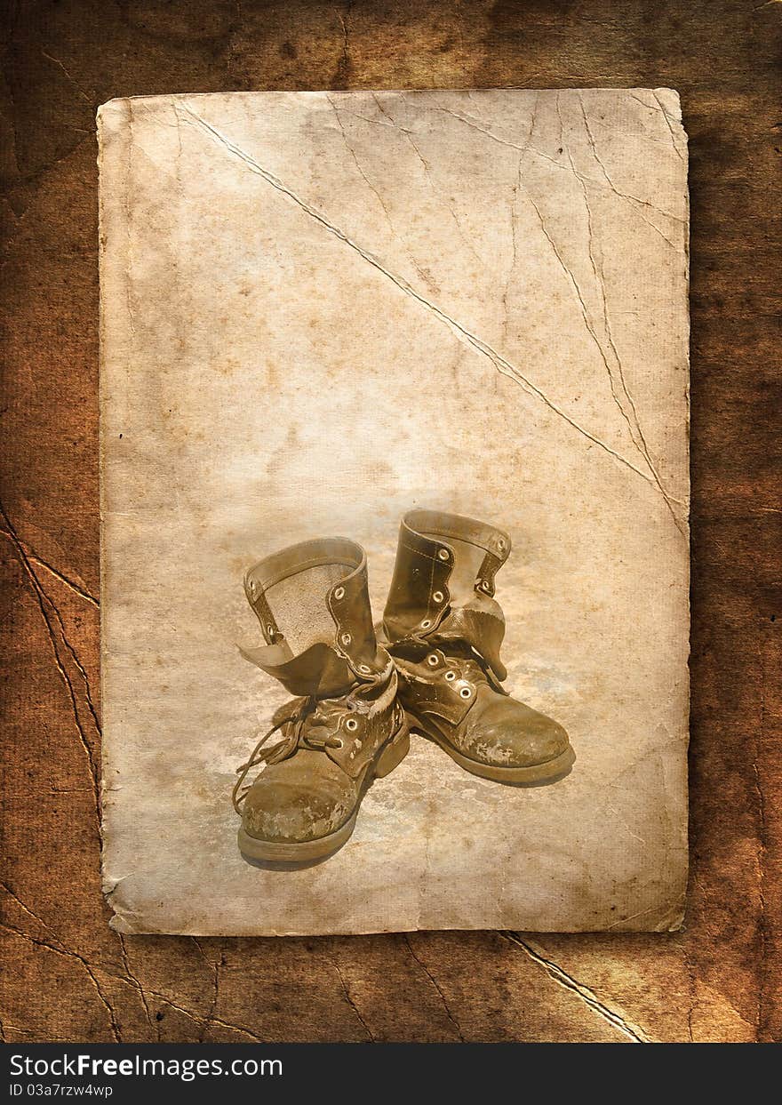 Old black top boot on old grunge paper. Old black top boot on old grunge paper