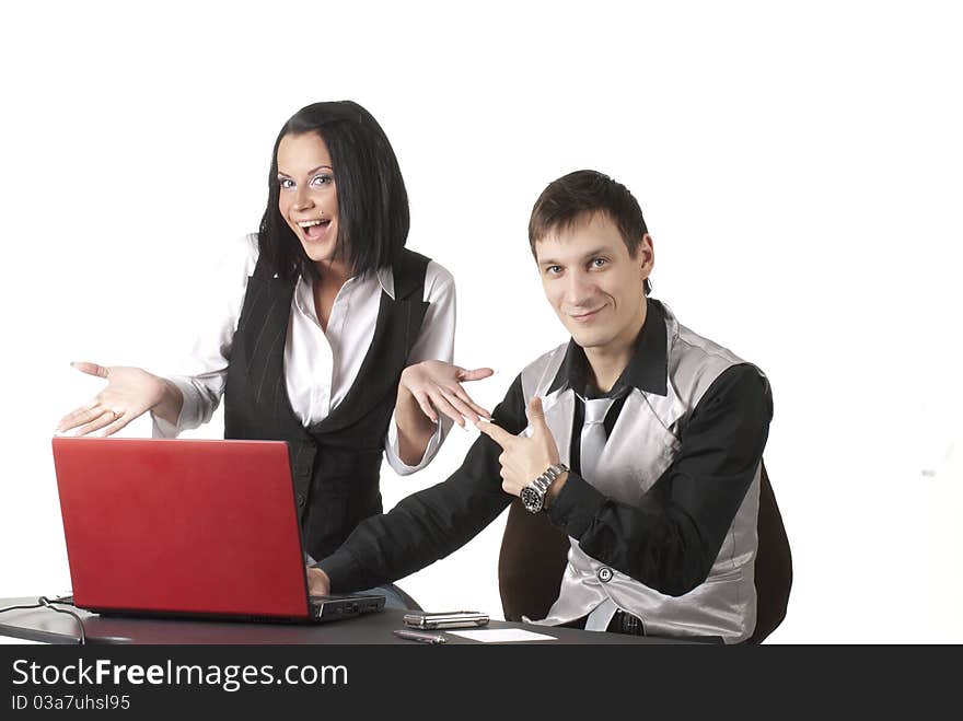 Two business people sitting with notebook. Two business people sitting with notebook