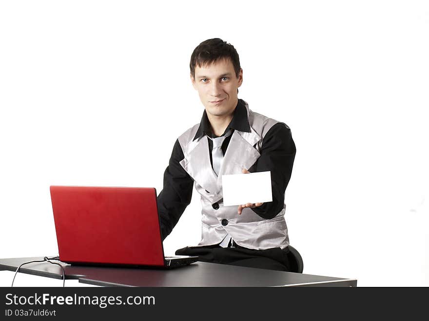 Businessman showing a blank card. Businessman showing a blank card