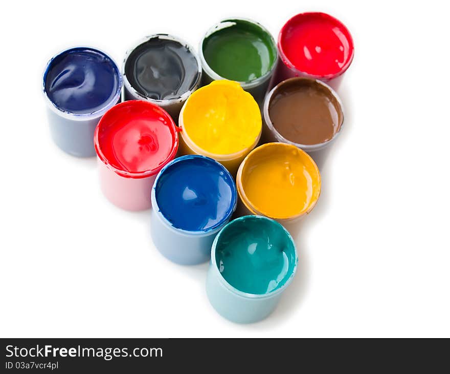 Gouache paints in plastic buckets