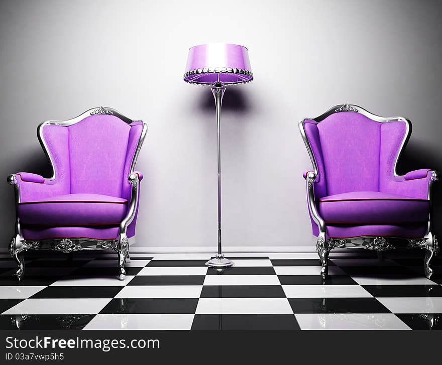 Two Violet Classic Elegant Armchairs And A