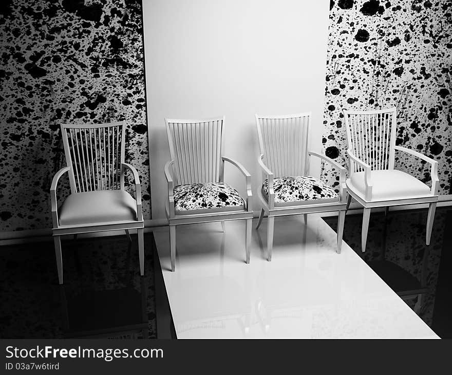 Interior design scene with four chairs in a row