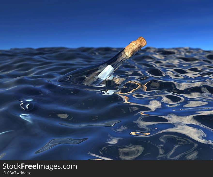 Note in a bottle floating on the water. Note in a bottle floating on the water