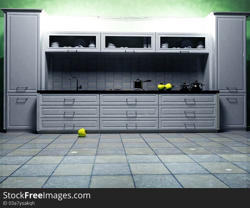 Modern kitchen interior in white colour, rendering