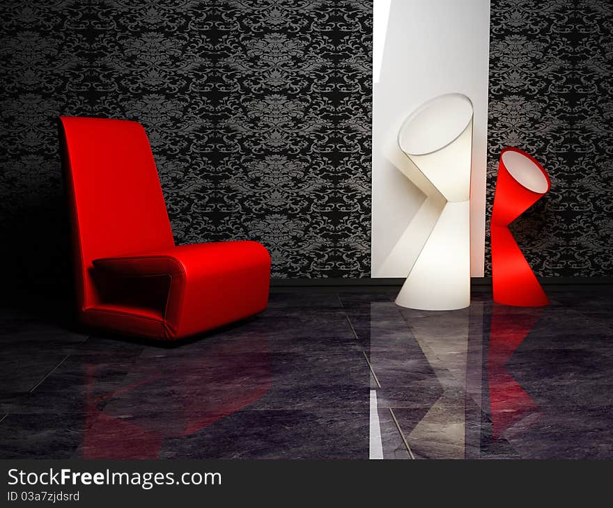 Modern interior design with an armchair and two floor lamp