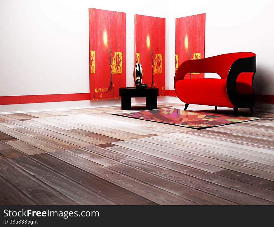 Modern interior with a red and black sofa and a table,. Modern interior with a red and black sofa and a table,