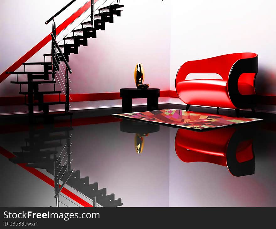 Modern interior with a red and black sofa and a black ladder. Modern interior with a red and black sofa and a black ladder