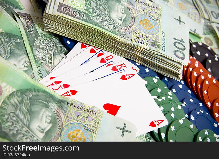 Poker and gambling chips over a lot of money. Polish Zloty. Poker and gambling chips over a lot of money. Polish Zloty