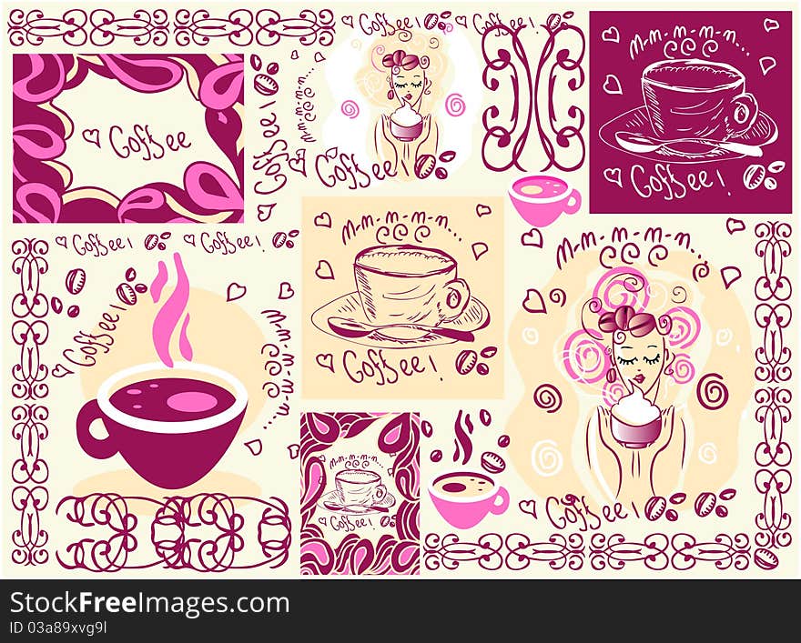 Vector coffee background wallpaper design icons set