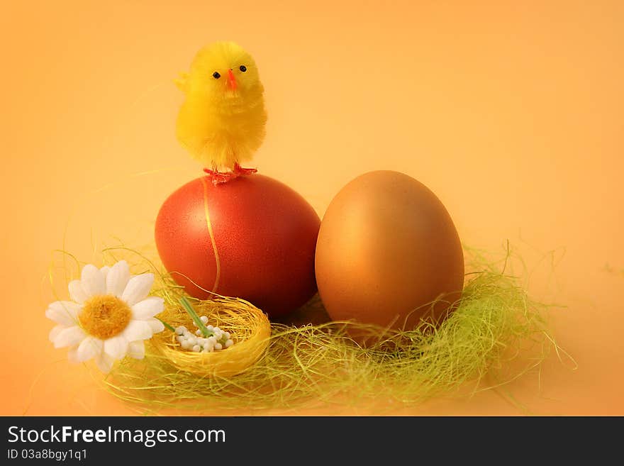 Easter chicken with colored eggs. Easter chicken with colored eggs