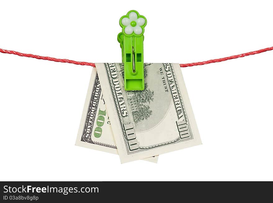 One hundred dollar bill hanging on a clothesline isolated on white background. One hundred dollar bill hanging on a clothesline isolated on white background