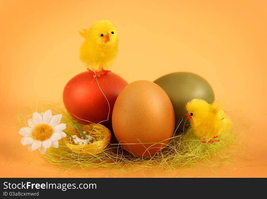 Easter chicken with colored eggs. Easter chicken with colored eggs