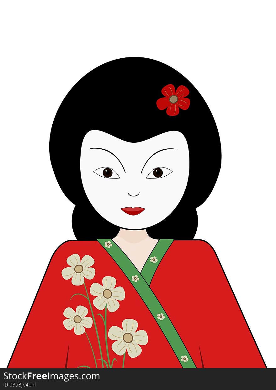 A  illustration of a geisha girl in a red floral kimono