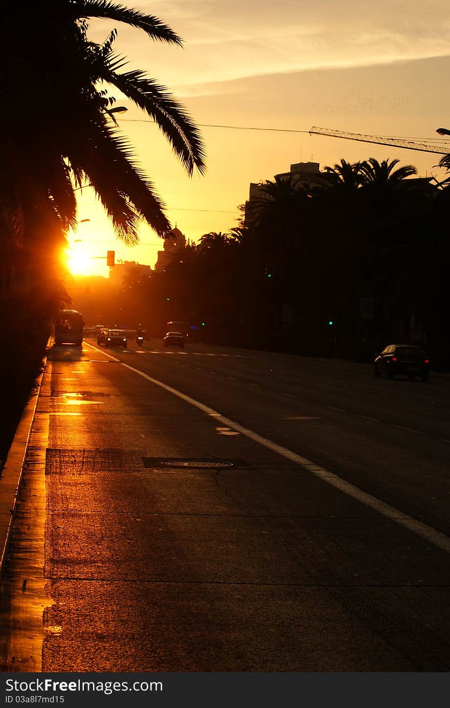 Sunset in city, Malaga - Spain