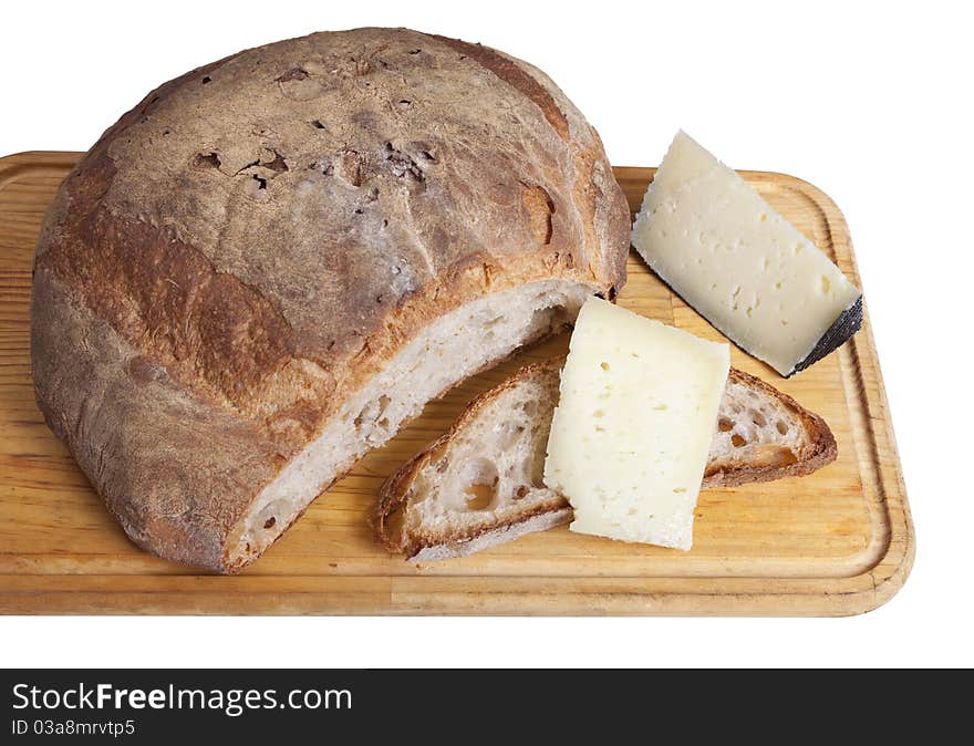 Wood oven bread and cheese on wooden tray