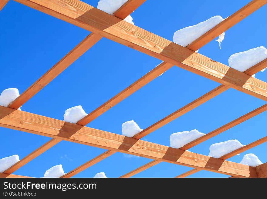 Snow on patio cover and blue sky