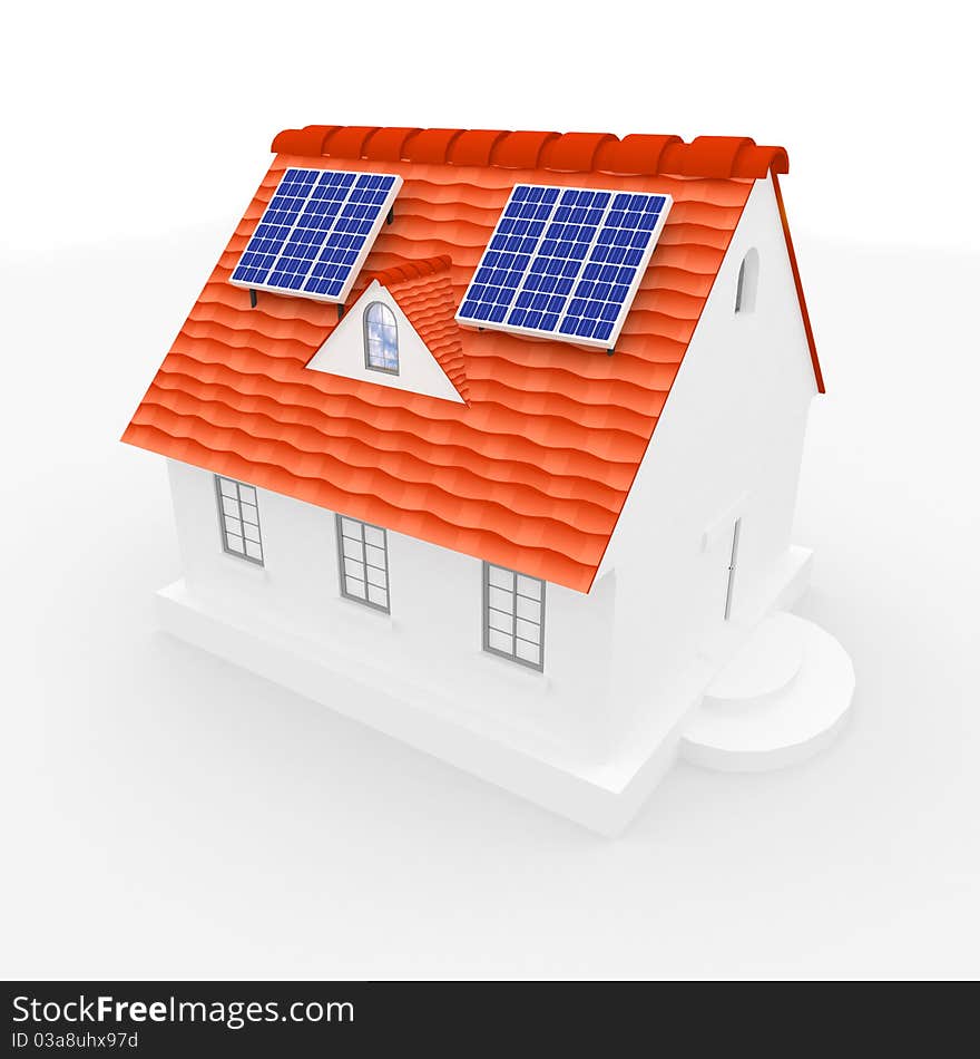 Solar energy panels on a roof of house.3D rendering. Solar energy panels on a roof of house.3D rendering.