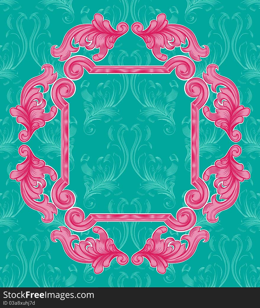 Pink frame on a green background with patterns