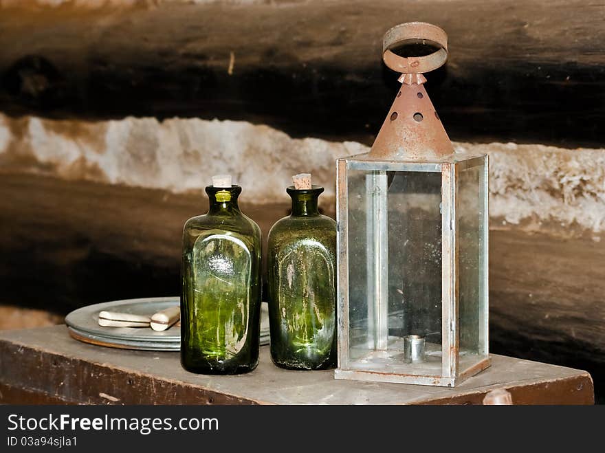 Inside of an old barrack with a focus on old bottles. Valley Forge. Inside of an old barrack with a focus on old bottles. Valley Forge.