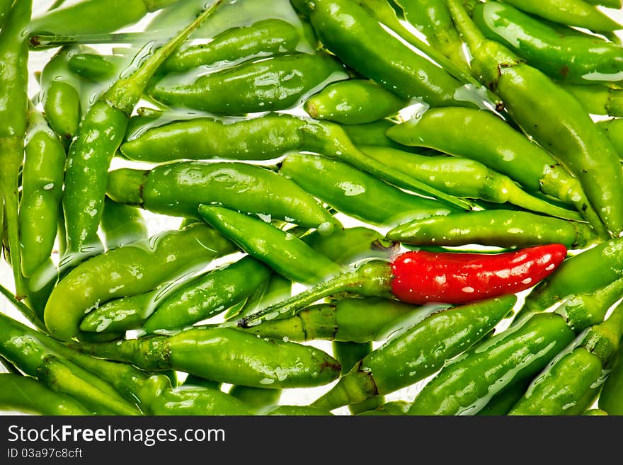 Many chili are floating in the bowl with water. Many chili are floating in the bowl with water.