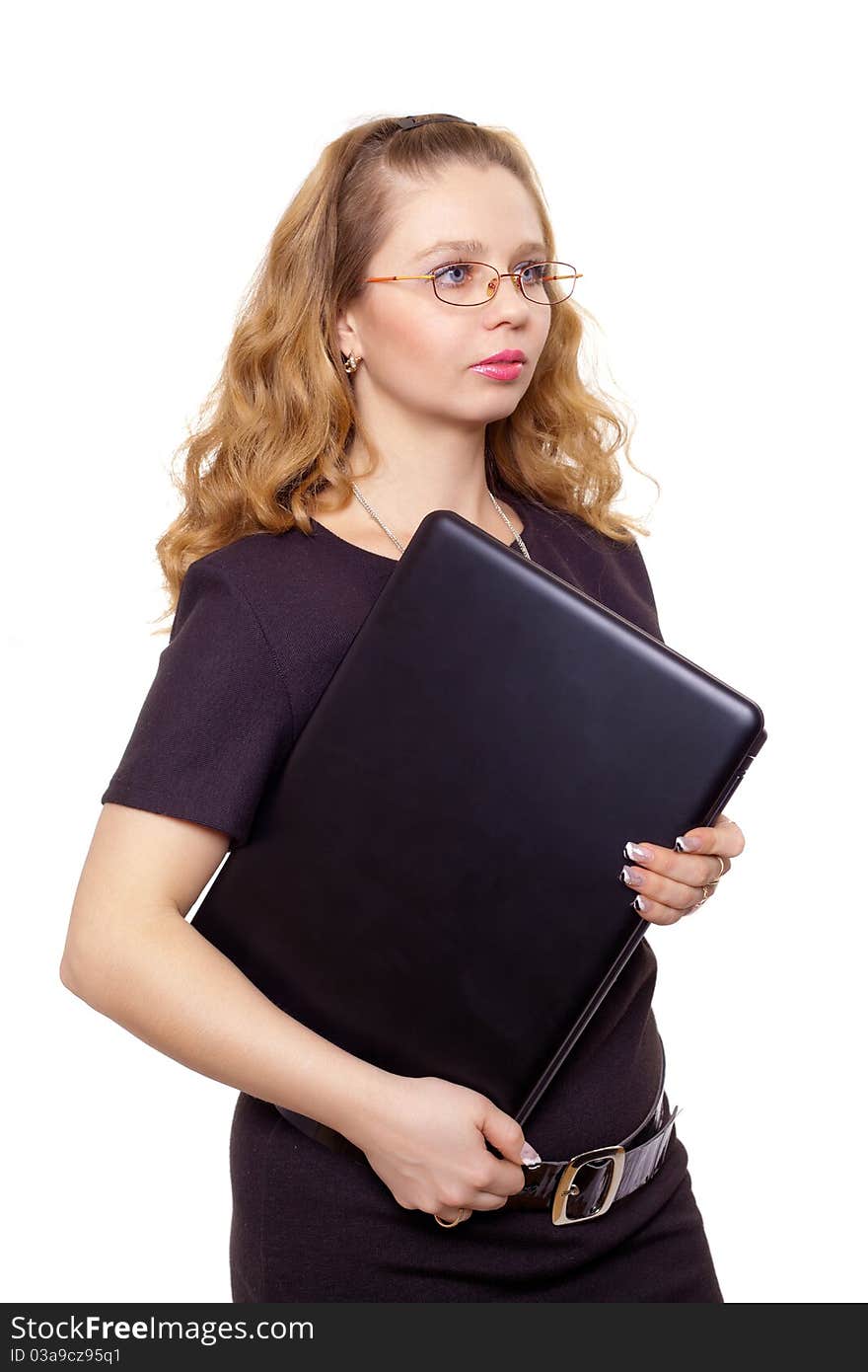 Business woman with laptop against white background