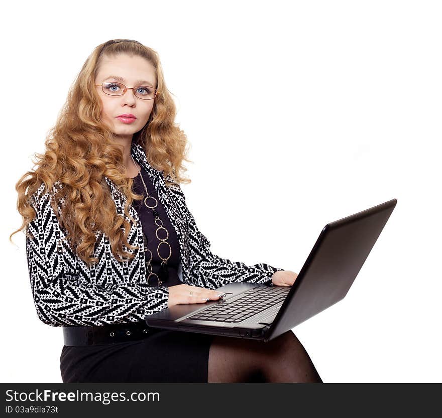 Business woman with laptop against white background