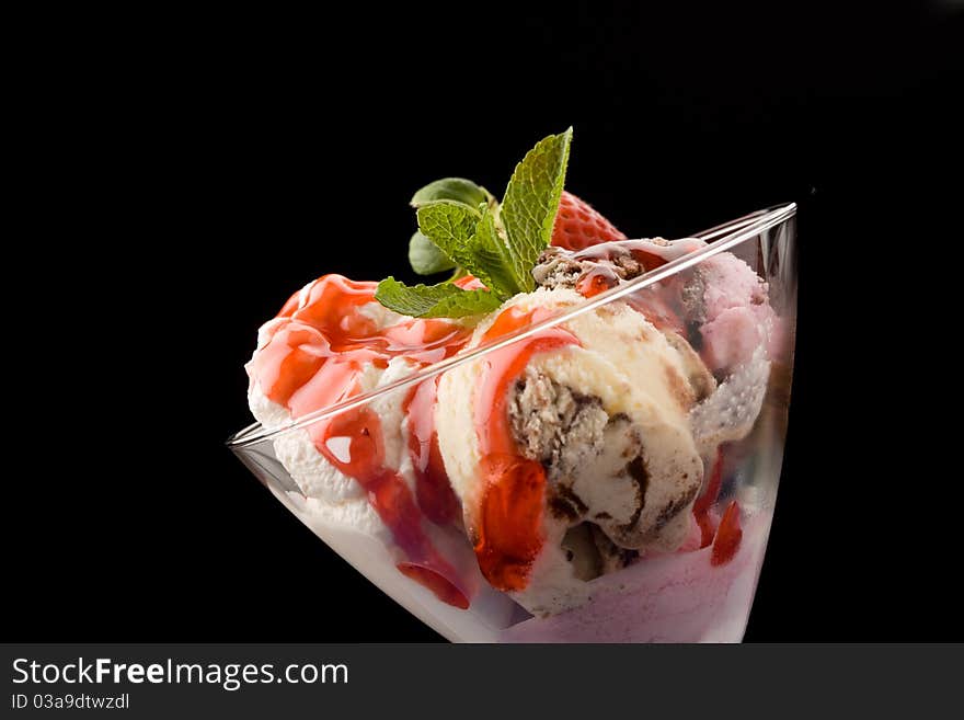 Photo of delicious different ice cream with sour and strawberry