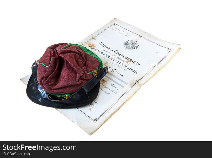 Old hat of Garibaldi, commemorative medals and documents of the Italian war for independence. Old hat of Garibaldi, commemorative medals and documents of the Italian war for independence.