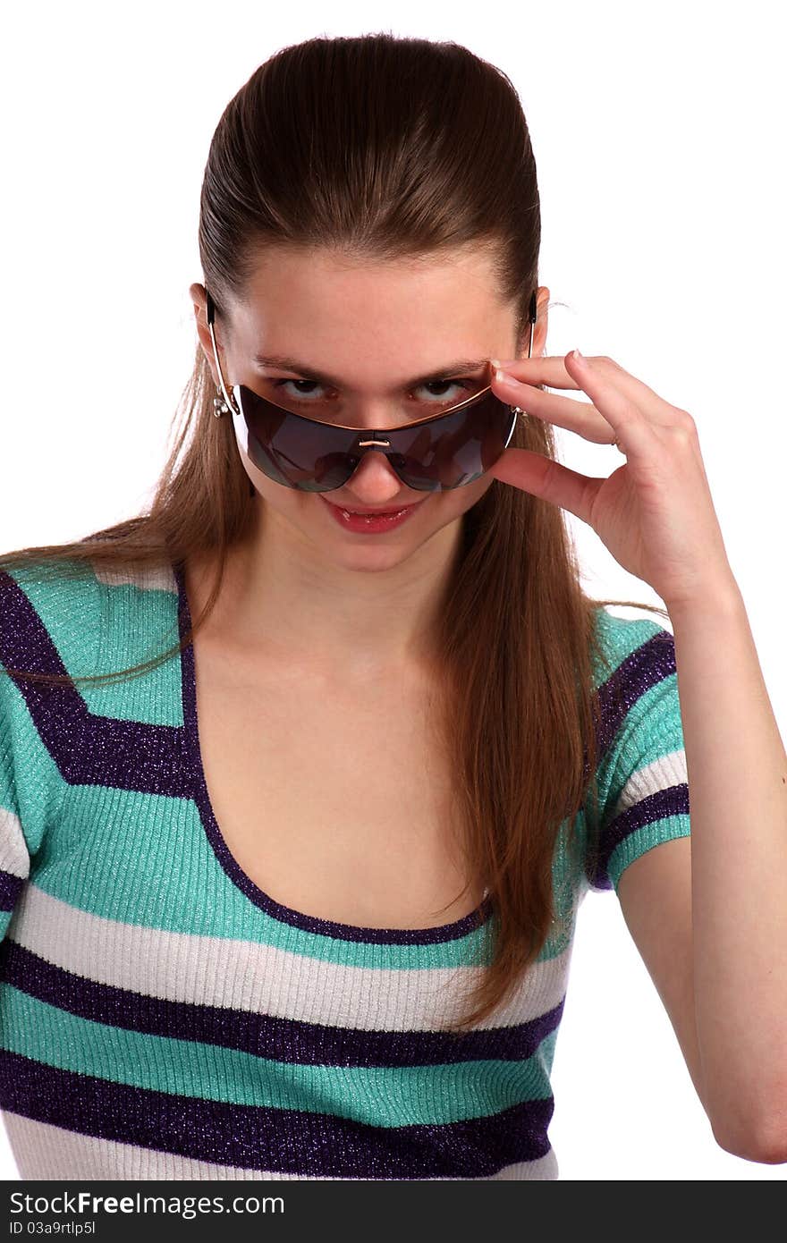 Girl in stripy blue dress with sunglasses close-up. Isolated on white. Girl in stripy blue dress with sunglasses close-up. Isolated on white.