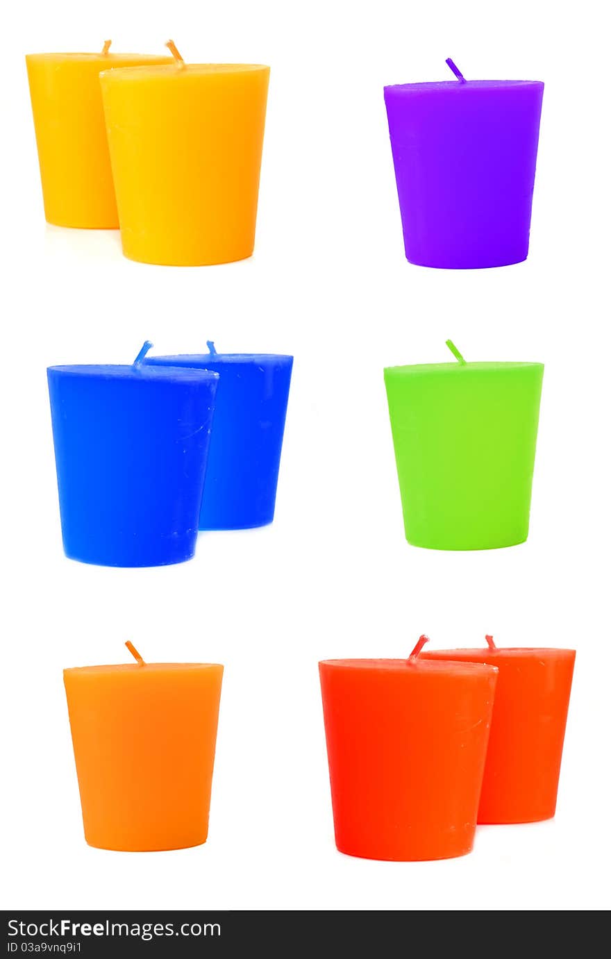 Candles (blue, green, purple) with white background