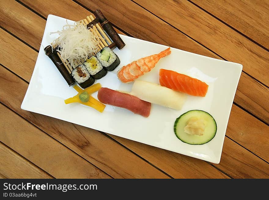 Closeup of delicious fresh Japanese Sushi food. Closeup of delicious fresh Japanese Sushi food.