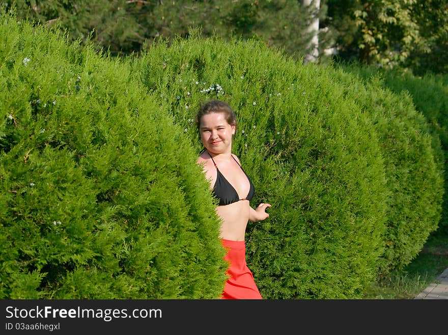 Girl hides in green trees. Girl hides in green trees.