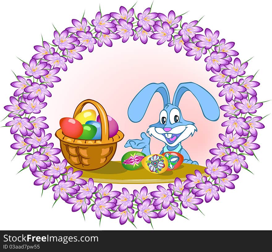 Easter bunny with colorful easter eggs sitting at the table.Additionally, a vector EPS format.