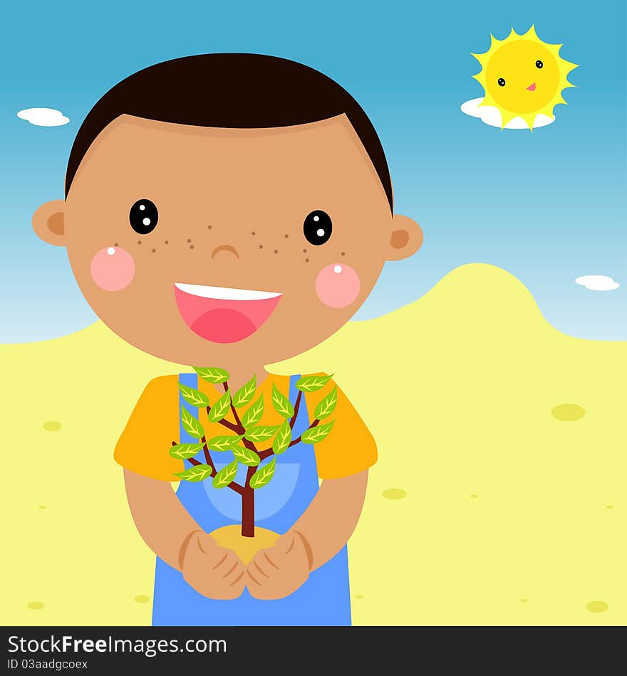 Illustration boy holding a plant