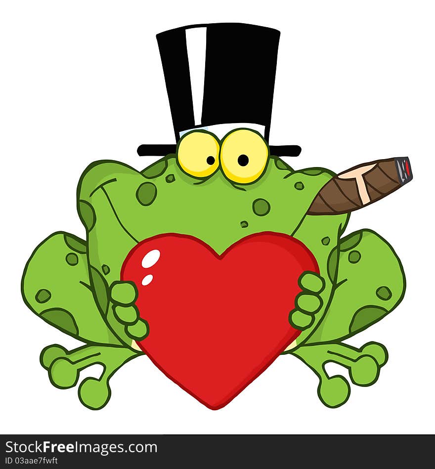 Frog smoking a cigar, wearing a hat and holding a heart. Frog smoking a cigar, wearing a hat and holding a heart