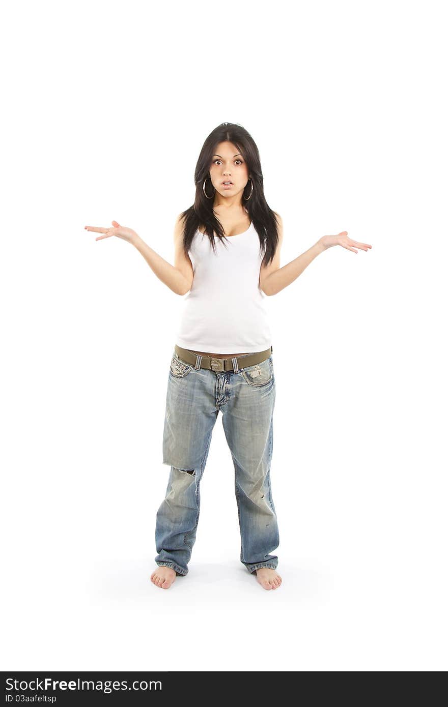 Portrait of a pretty young woman gesturing do not know sign against white background