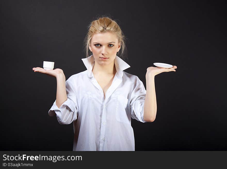 Beautiful Woman Drinking Coffee, sensual blond in man's shirt. Beautiful Woman Drinking Coffee, sensual blond in man's shirt