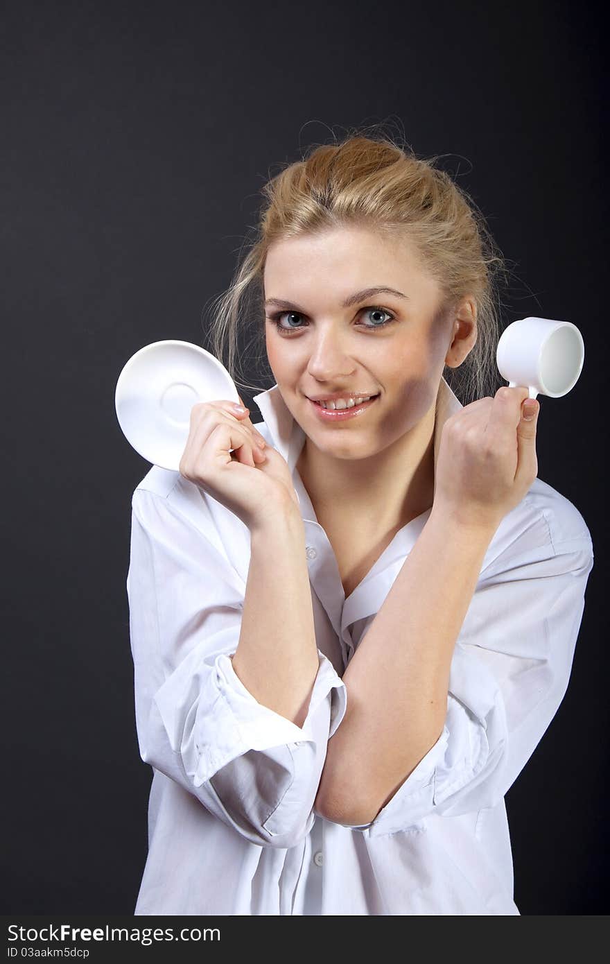 Beautiful Woman Drinking Coffee, sensual blond in man's shirt. Beautiful Woman Drinking Coffee, sensual blond in man's shirt