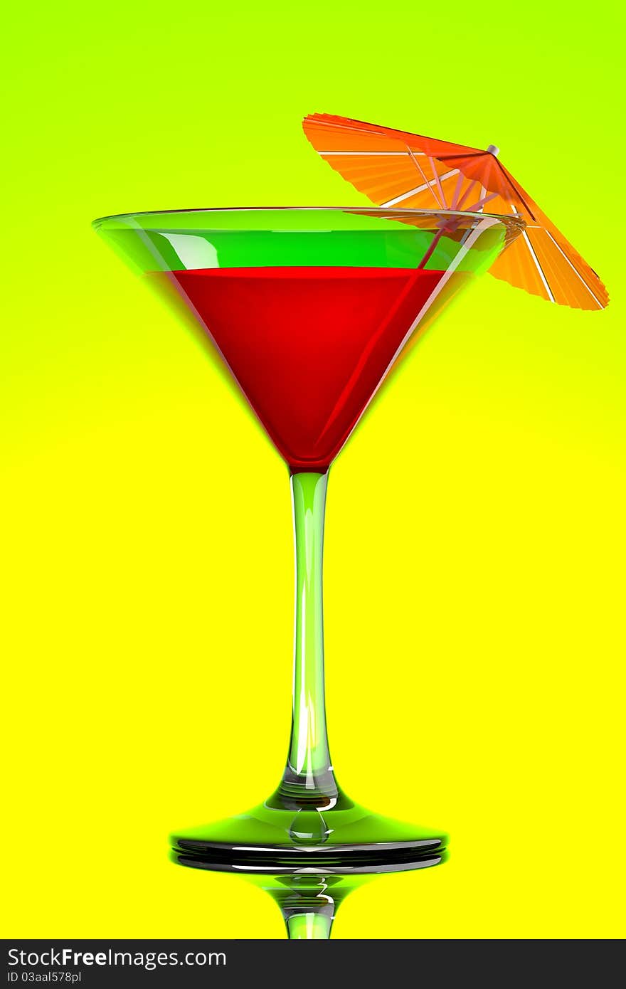 3d red tropical martini cocktail with orange umbrella