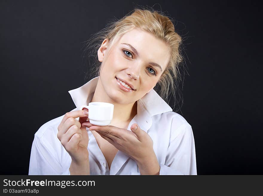 Beautiful Woman Drinking Coffee, sensual blond in man's shirt. Beautiful Woman Drinking Coffee, sensual blond in man's shirt