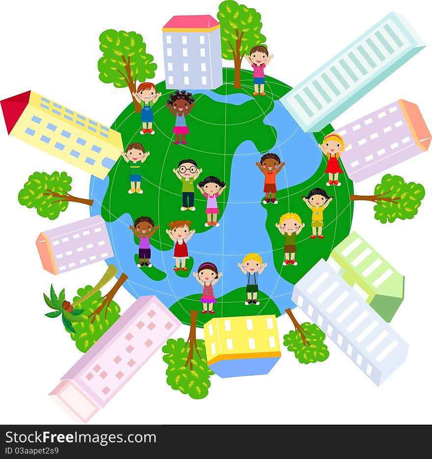 Kids ,house and globe Illustration. Kids ,house and globe Illustration