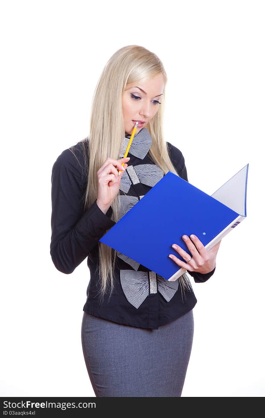 Positive businesswoman with pencil and folder on white isolated background. Positive businesswoman with pencil and folder on white isolated background