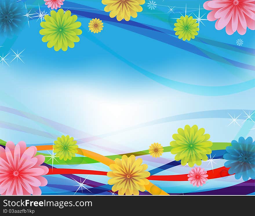 Bright ribbons with flowers on a blue background. Bright ribbons with flowers on a blue background