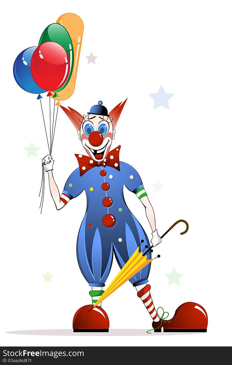 Cheerful clown with bright balloons