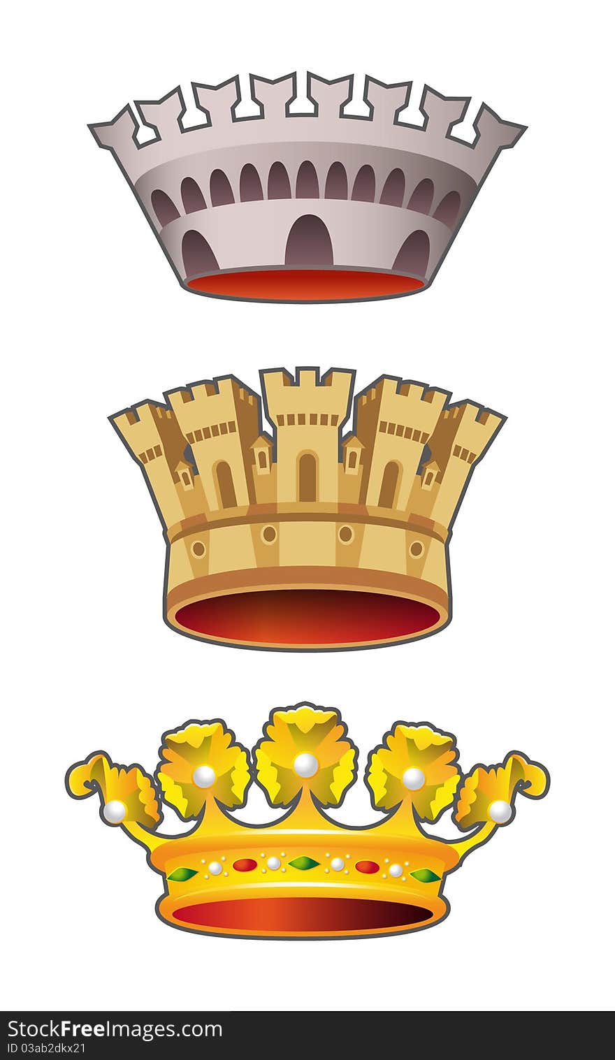 Three different types of crowns - silver, bronze and a gold one